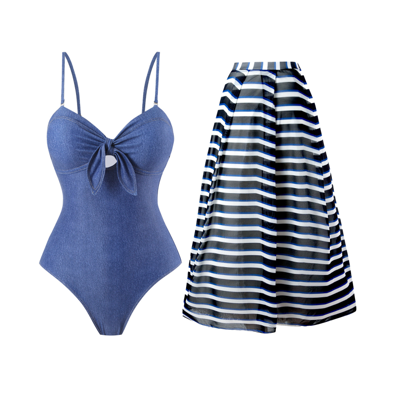 Costum de baie întreg cu fustă din plasă, nylon, wrap design, cupe pentru bust, uscare rapidă