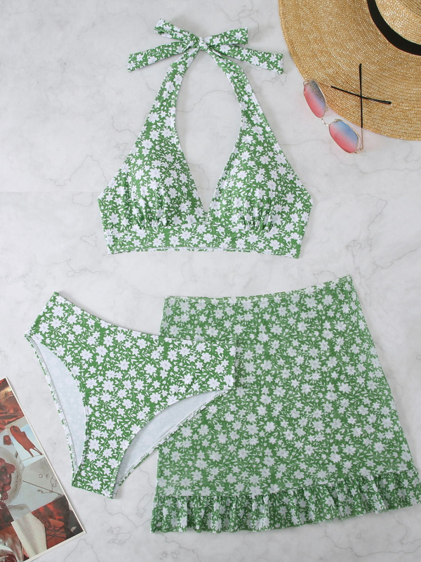 Σετ μαγιό γυναικών τριών τεμαχίων με φλοραλ σχέδιο, με κύπελλα στήθους επενδεδυμένα, υψηλή ελαστικότητα, στενή εφαρμογή, πολυεστερικό ύφασμα