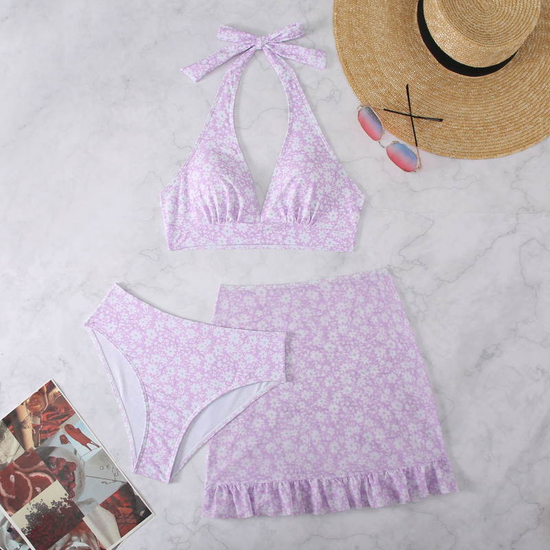 Σετ μαγιό γυναικών τριών τεμαχίων με φλοραλ σχέδιο, με κύπελλα στήθους επενδεδυμένα, υψηλή ελαστικότητα, στενή εφαρμογή, πολυεστερικό ύφασμα