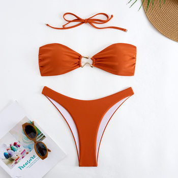 Costum de baie bikini din nylon pentru femei, cu pernute pentru bust, fără spate, cu elasticitate înaltă; 145 g, căptușeală poliester 82%.