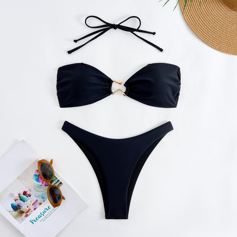 Costum de baie bikini din nylon pentru femei, cu pernute pentru bust, fără spate, cu elasticitate înaltă; 145 g, căptușeală poliester 82%.