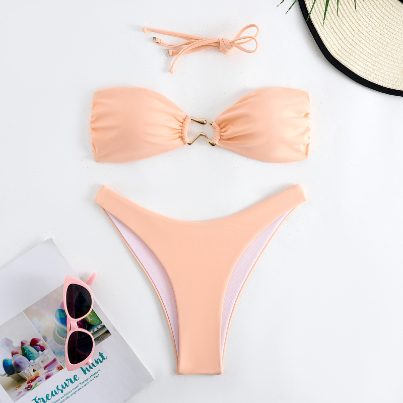 Costum de baie bikini din nylon pentru femei, cu pernute pentru bust, fără spate, cu elasticitate înaltă; 145 g, căptușeală poliester 82%.