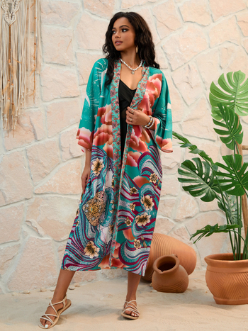 Τυπωμένο σετ παραλίας: cardigan kimono για μαγιό, εξωτερικό ύφασμα πολυεστέρα, επένδυση 100% πολυεστέρα, βάρος 290 g, κατάλληλο για κολύμβηση και υδάτινα σπορ, γυναίκες