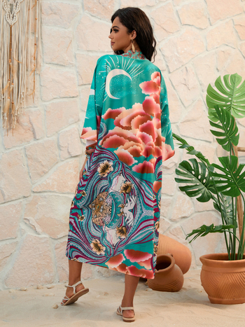 Τυπωμένο σετ παραλίας: cardigan kimono για μαγιό, εξωτερικό ύφασμα πολυεστέρα, επένδυση 100% πολυεστέρα, βάρος 290 g, κατάλληλο για κολύμβηση και υδάτινα σπορ, γυναίκες