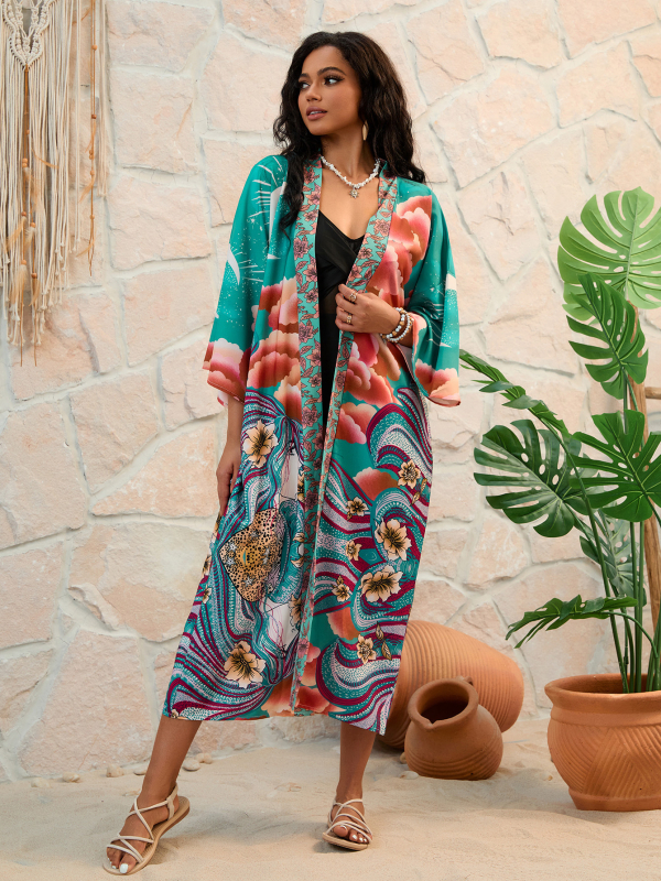 Τυπωμένο σετ παραλίας: cardigan kimono για μαγιό, εξωτερικό ύφασμα πολυεστέρα, επένδυση 100% πολυεστέρα, βάρος 290 g, κατάλληλο για κολύμβηση και υδάτινα σπορ, γυναίκες