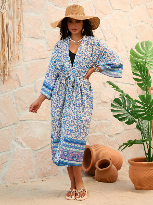Τυπωμένο σετ παραλίας: cardigan kimono για μαγιό, εξωτερικό ύφασμα πολυεστέρα, επένδυση 100% πολυεστέρα, βάρος 290 g, κατάλληλο για κολύμβηση και υδάτινα σπορ, γυναίκες