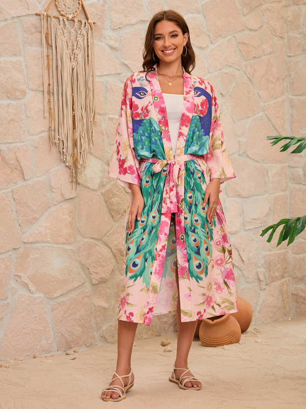 Τυπωμένο σετ παραλίας: cardigan kimono για μαγιό, εξωτερικό ύφασμα πολυεστέρα, επένδυση 100% πολυεστέρα, βάρος 290 g, κατάλληλο για κολύμβηση και υδάτινα σπορ, γυναίκες