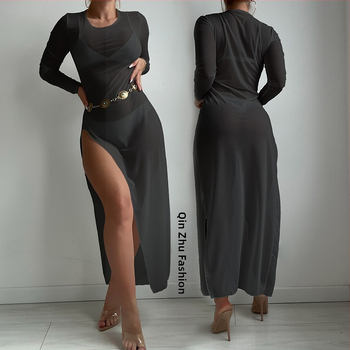 Κάλυμμα παραλίας με διαφανές πλέγμα, στρογγυλός λαιμός, μακριά διαφανής φούστα – Qin Zhu Clothing (Μάρκα: Qin Zhu Clothing; Υλικό: Πολυεστέρας; Επένδυση: Σπαντέξ; Περιεχόμενο υφάσματος: 95% Πολυεστέρας; Βάρος: 136 g)