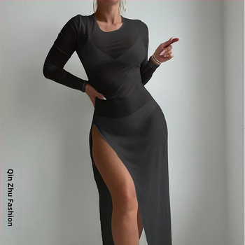 Κάλυμμα παραλίας με διαφανές πλέγμα, στρογγυλός λαιμός, μακριά διαφανής φούστα – Qin Zhu Clothing (Μάρκα: Qin Zhu Clothing; Υλικό: Πολυεστέρας; Επένδυση: Σπαντέξ; Περιεχόμενο υφάσματος: 95% Πολυεστέρας; Βάρος: 136 g)