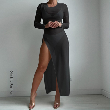 Κάλυμμα παραλίας με διαφανές πλέγμα, στρογγυλός λαιμός, μακριά διαφανής φούστα – Qin Zhu Clothing (Μάρκα: Qin Zhu Clothing; Υλικό: Πολυεστέρας; Επένδυση: Σπαντέξ; Περιεχόμενο υφάσματος: 95% Πολυεστέρας; Βάρος: 136 g)