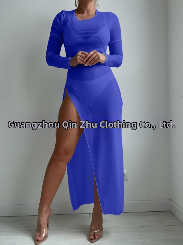 Κάλυμμα παραλίας με διαφανές πλέγμα, στρογγυλός λαιμός, μακριά διαφανής φούστα – Qin Zhu Clothing (Μάρκα: Qin Zhu Clothing; Υλικό: Πολυεστέρας; Επένδυση: Σπαντέξ; Περιεχόμενο υφάσματος: 95% Πολυεστέρας; Βάρος: 136 g)