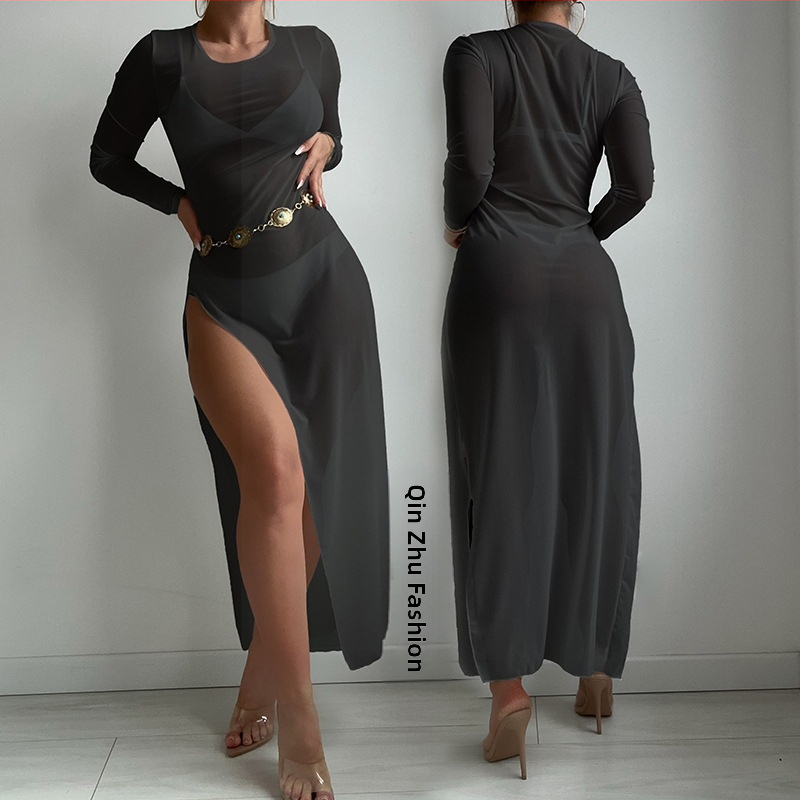 Κάλυμμα παραλίας με διαφανές πλέγμα, στρογγυλός λαιμός, μακριά διαφανής φούστα – Qin Zhu Clothing (Μάρκα: Qin Zhu Clothing; Υλικό: Πολυεστέρας; Επένδυση: Σπαντέξ; Περιεχόμενο υφάσματος: 95% Πολυεστέρας; Βάρος: 136 g)