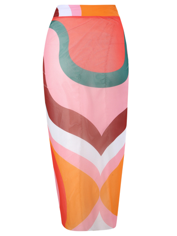 Ολόσωμο μαγιό με έναν ώμο, patchwork σχέδιο, πολυεστερική εκτύπωση και φούστα από δίχτυ, σετ δύο τεμαχίων