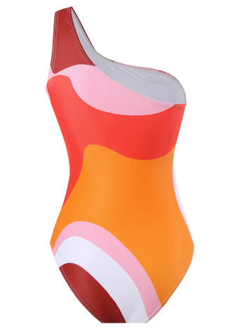 Ολόσωμο μαγιό με έναν ώμο, patchwork σχέδιο, πολυεστερική εκτύπωση και φούστα από δίχτυ, σετ δύο τεμαχίων