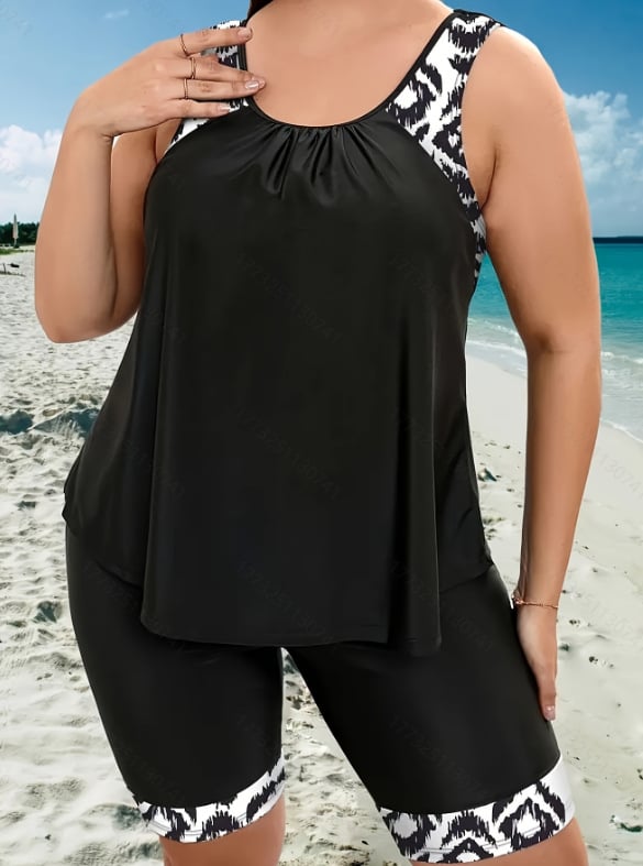 Tankini fürdőruha szett melltartó párnázással, acélrögzítés nélkül; poliészter anyag; 82% poliészter tartalom; csíkos vagy egyszínű minta; magas rugalmasság; alkalmas úszásra