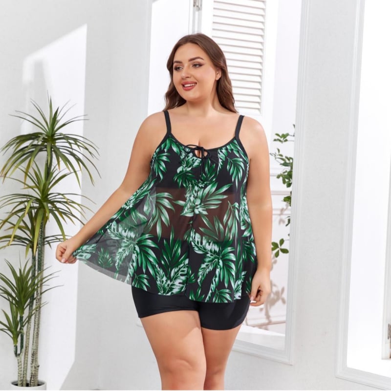 Танкини бански за жени – без ръкави, висока талия, вградена подпора за бюста, полиестерна материя с подплата полиестер-спандекс, здрав