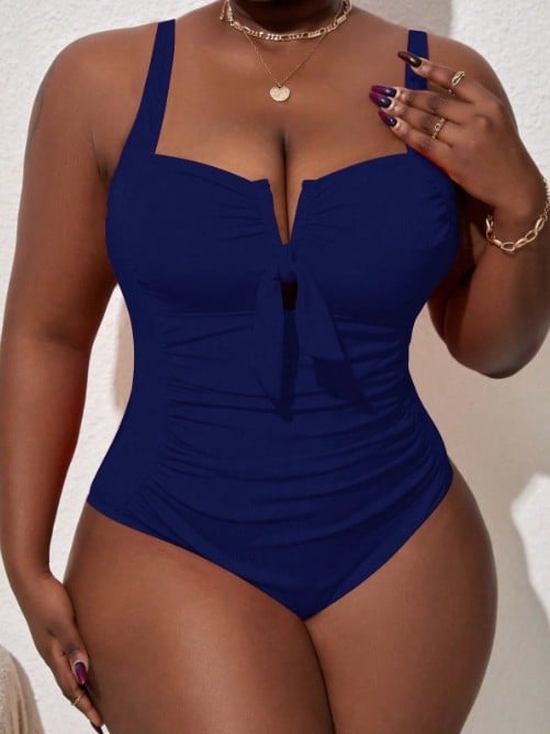 Costum de baie întreg pentru femei, decolteu în V, funda cu cataramă, burete pentru bust, fără mâneci, model sexy; 95% poliester, căptușeală spandex 5%