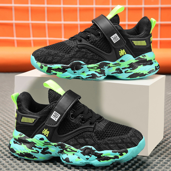 Детски спортни обувки за момчета със дишаща мрежеста горна част, закопчаване с лепенка, райета, MD подметка, за деца 7–12 години