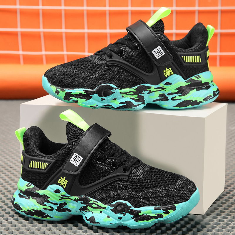 Детски спортни обувки за момчета със дишаща мрежеста горна част, закопчаване с лепенка, райета, MD подметка, за деца 7–12 години