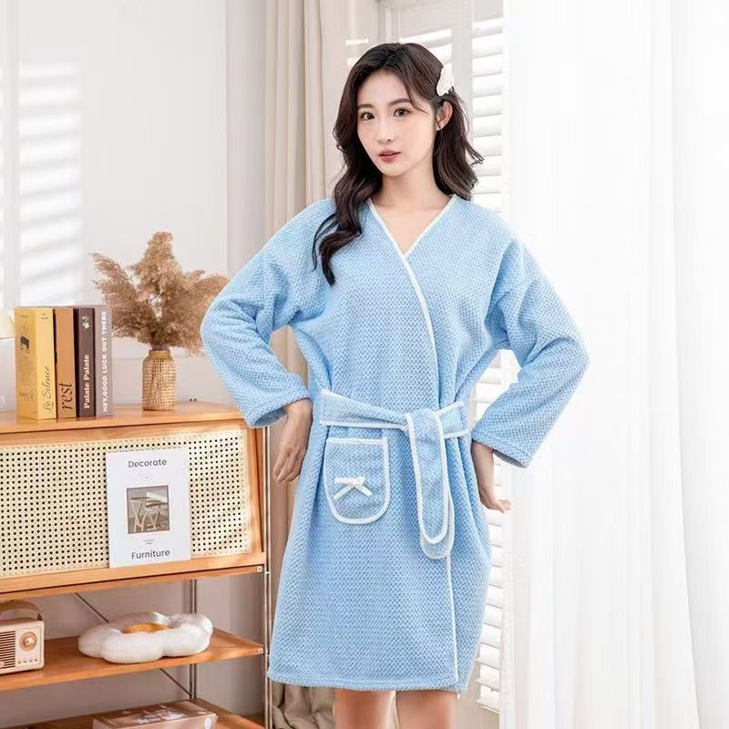 Moterų chalatas voniai su ilgu rankovėmis, koralinis veliūras, raištis, greitas džiovinimas, 400 g, žieminis namų chalatas