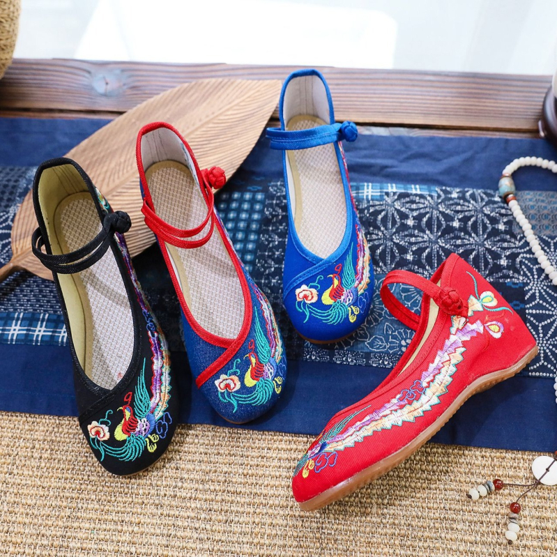 Rankų darbo kanvasiniai bateliai su fenikso raštu, žemas klino kulnas 1-3 cm, apvali nosis, medvilninis įdėklas