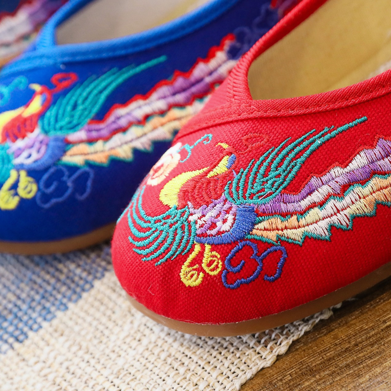 Rankų darbo kanvasiniai bateliai su fenikso raštu, žemas klino kulnas 1-3 cm, apvali nosis, medvilninis įdėklas