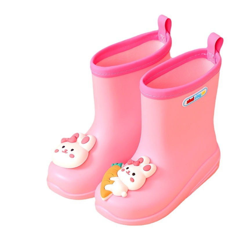 Bērnu lietuss zābaki ar karikatūras rakstu, PVC augšdaļa, universālas, vecums 4–6 gadi, zems papēdis 1–3 cm, vidēja zābaku garuma