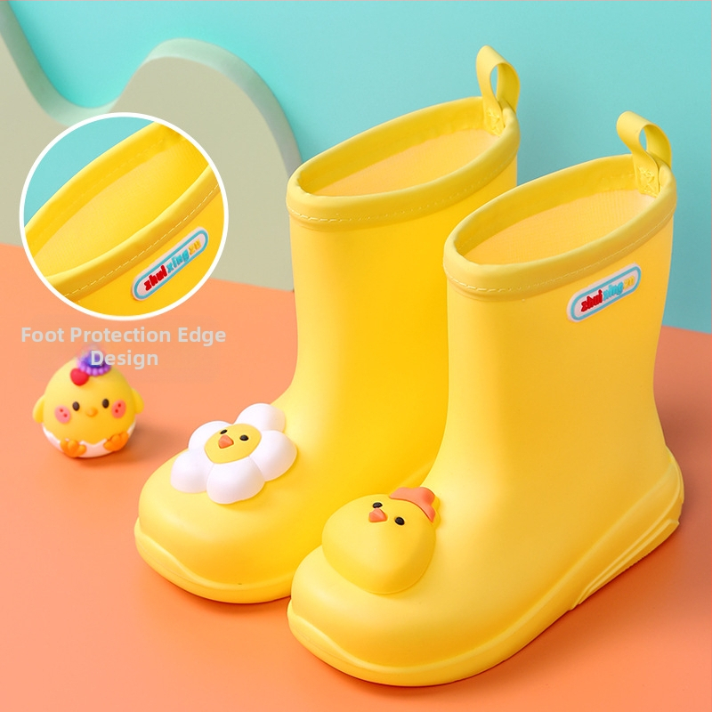 Bērnu lietuss zābaki ar karikatūras rakstu, PVC augšdaļa, universālas, vecums 4–6 gadi, zems papēdis 1–3 cm, vidēja zābaku garuma