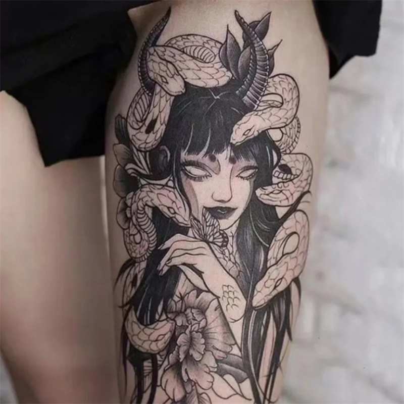 Σετ αυτοκόλλητων τατουάζ Μεδουσα – για μηρό και χέρι, χειροποίητο, προσαρμογή, μακράς διάρκειας, μάρκα Fill Art, δυνατότητα εκτύπωσης λογότυπου