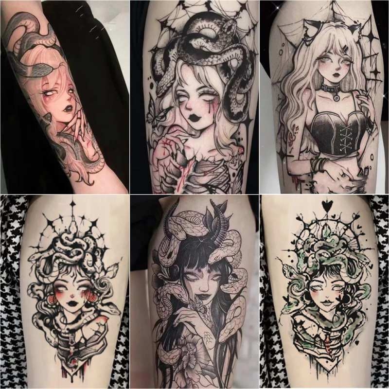 Medūzas tetovēšanas lipu komplekts – uz augšstilbu un roku, rokām darināts, personalizācija, ilgmūžīgs, Fill Art zīmols, logotipa drukāšana pieejama