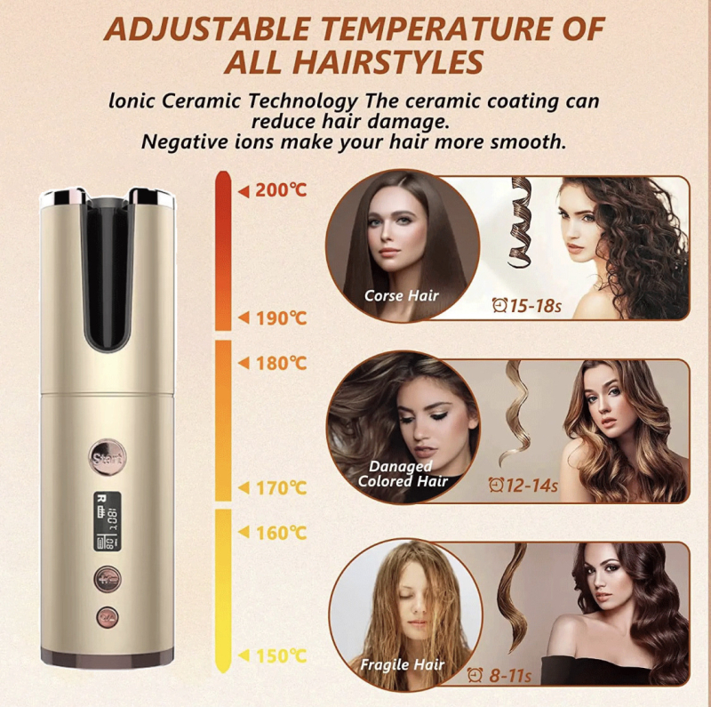 Automātiskā rotējošā matu lokšķēre ar turmalīna keramikas pārklājumu, 16–20 mm diametrs, 50 W, 220 V, 10 temperatūras iestatījumi