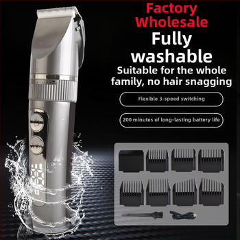 Elektrinis plaukų kirpimo aparatas su LCD ekranu, keraminiu peiliu, atsparus vandeniui, įmontuota baterija 1200–2000 mAh, veikimo laikas 1–3 val.