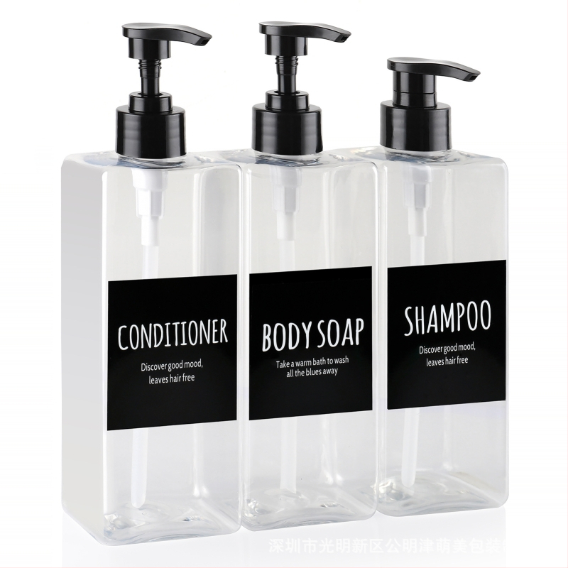 Set od tri bočice s pumpom za pranje i njegu — plastične bočice s sitotiskom, model DR500-40