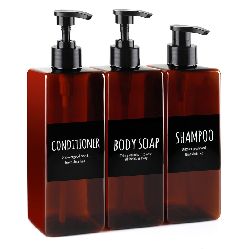 Set od tri bočice s pumpom za pranje i njegu — plastične bočice s sitotiskom, model DR500-40