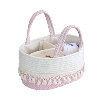 Coș de depozitare pentru scutece ale bebelușului din sfoară de bumbac, cu ciucuri, țesut manual, compartimente detașabile, portabil (model Tassel diaper bag-01)