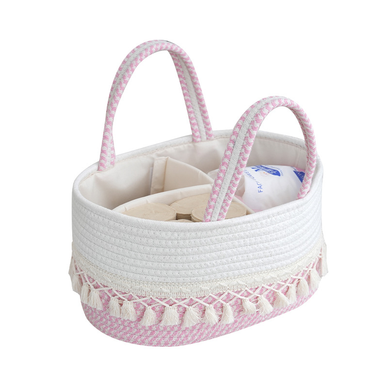 Coș de depozitare pentru scutece ale bebelușului din sfoară de bumbac, cu ciucuri, țesut manual, compartimente detașabile, portabil (model Tassel diaper bag-01)