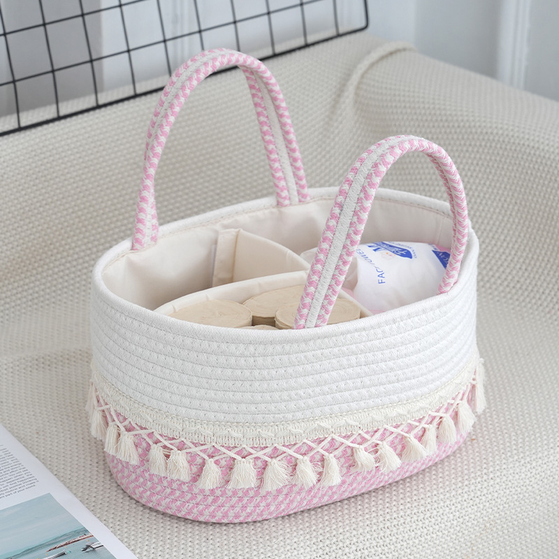 Coș de depozitare pentru scutece ale bebelușului din sfoară de bumbac, cu ciucuri, țesut manual, compartimente detașabile, portabil (model Tassel diaper bag-01)