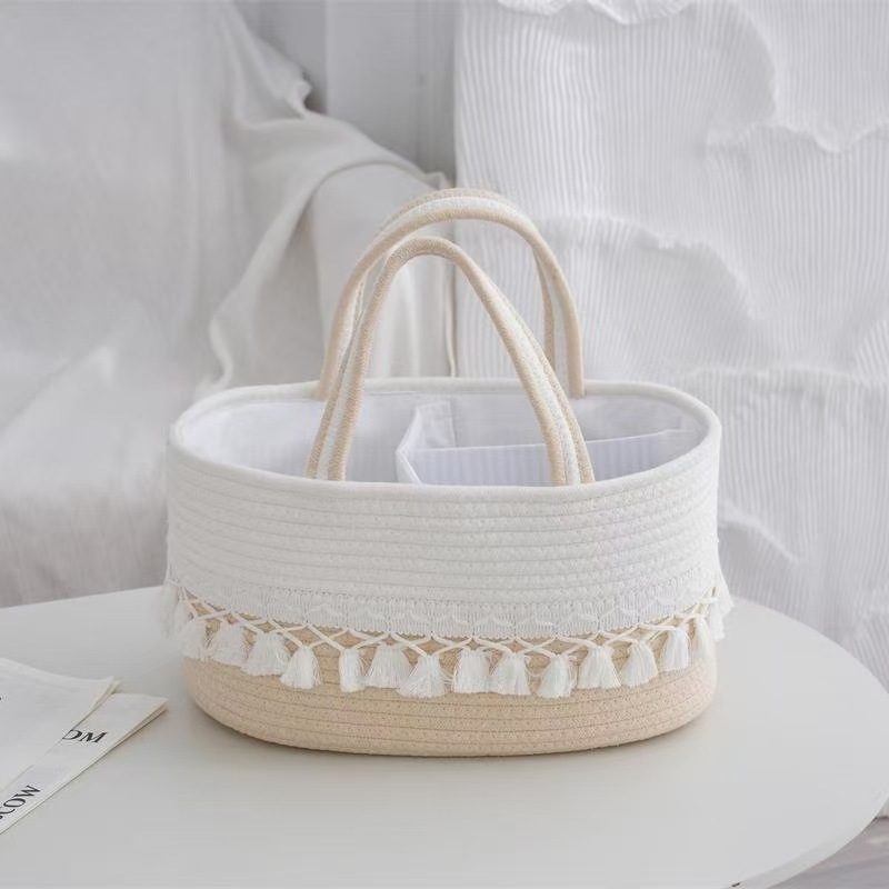 Coș de depozitare pentru scutece ale bebelușului din sfoară de bumbac, cu ciucuri, țesut manual, compartimente detașabile, portabil (model Tassel diaper bag-01)