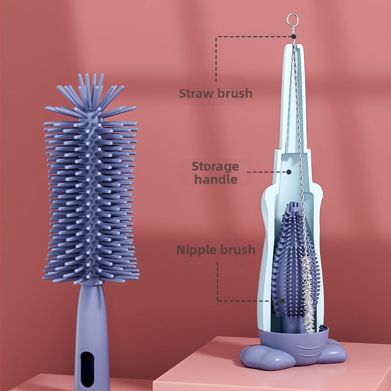 Бебешка четка за шише — тричаст комплект, силиконова четка за биберон, преносима, 360° почистване