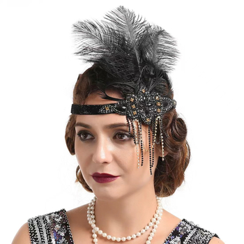 Γυναικείος κεφαλόδεσμος με φούντες, στρας και φτερά — από πλαστικό/ρητίνη, καρό σχέδιο, γεωμετρικό στυλ