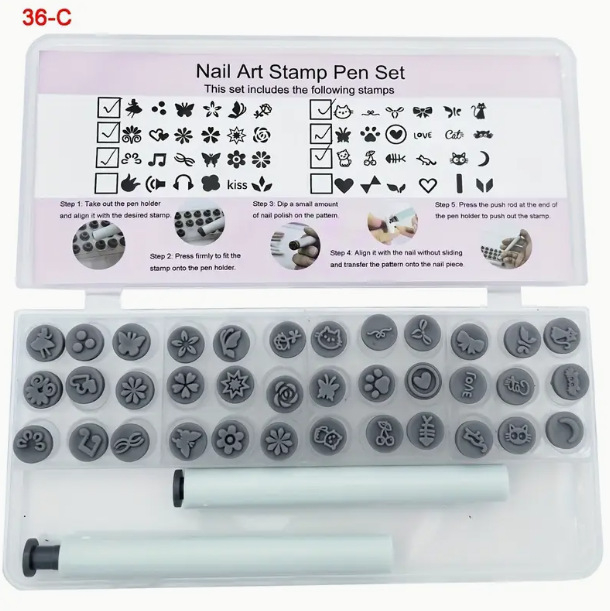 Комплект за маникюрни щампове с различни сменяеми дизайни и два съвпадащи държателя за писалка за DIY дизайни; налични в комплекти 6/18/36/48 части; материал: меко лепило.