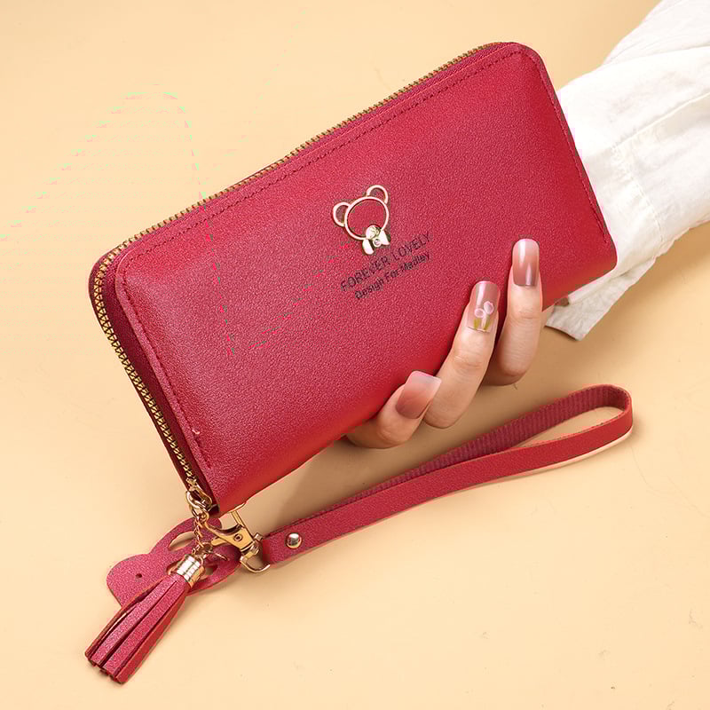 Portofel cu model urs, ciucuri, organizator pentru carduri și telefon, PVC, design cu o singură clapetă, stil urban simplu, pentru uz zilnic