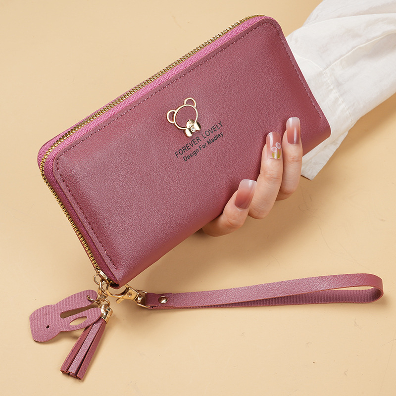 Portofel cu model urs, ciucuri, organizator pentru carduri și telefon, PVC, design cu o singură clapetă, stil urban simplu, pentru uz zilnic