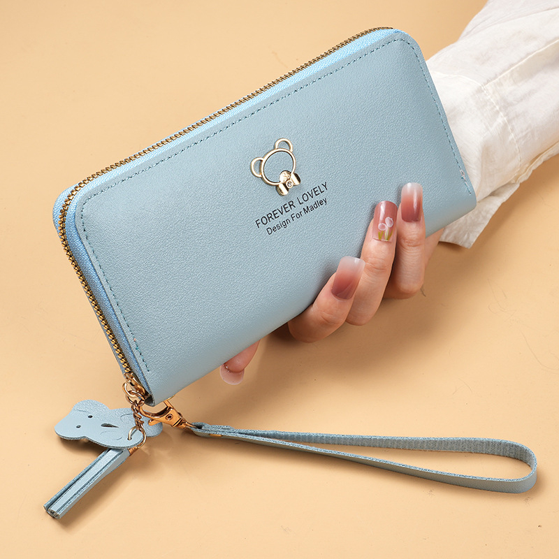 Portofel cu model urs, ciucuri, organizator pentru carduri și telefon, PVC, design cu o singură clapetă, stil urban simplu, pentru uz zilnic