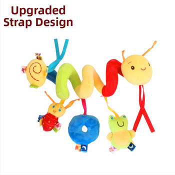 Pliušinis kūdikio lovytėje kabinamas žaislas su etiketėmis, 0–3 metų – lavina pojūčius, regą ir rankų–akių koordinaciją