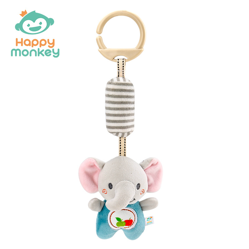 Zīdaiņu vēja zvaniņš pie ratiem — plīša rotaļlieta, 0–3 gadi, HAPPY MONKEY (Plīša materiāls; vēja zvaniņš; zīdaiņu rotaļlieta; sensoriskā attīstība)
