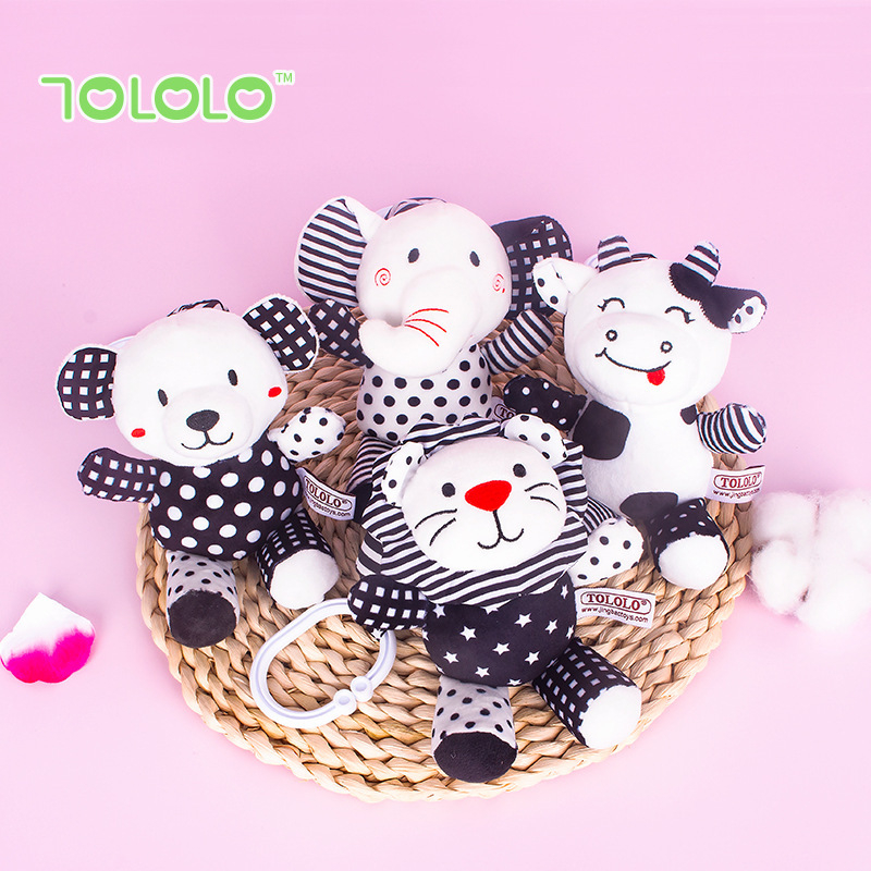 TOLOLO плюшено бебешко висящо звънче за креватче с животински мотив, развива зрение и слух, координация ръка-око, за възраст 0–3 години