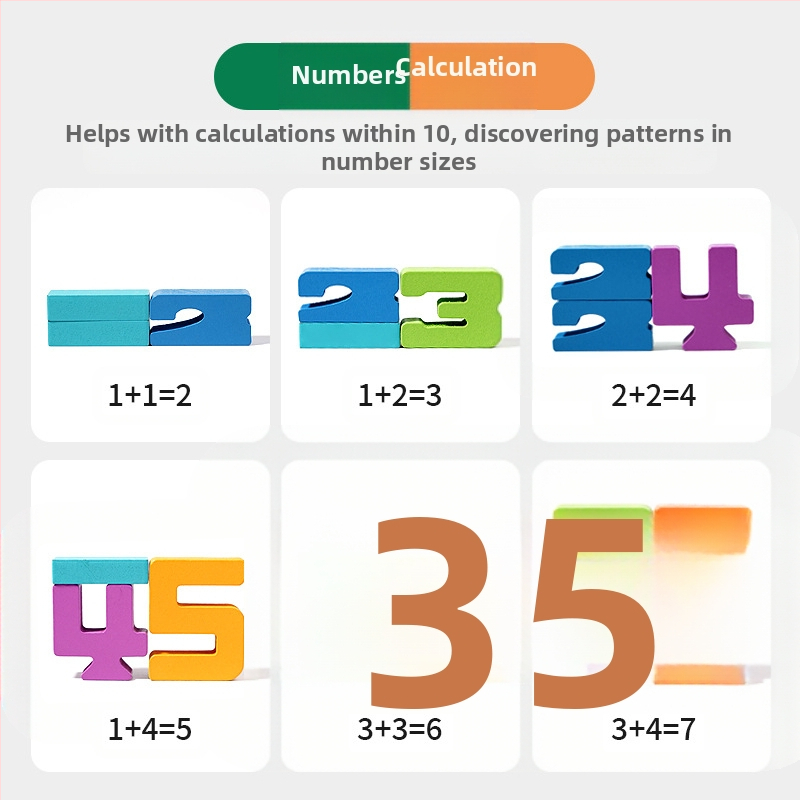 Дървени 3D блокчета с цифри за ранно образование — домино блокчета за смятане, 0–38 части, за деца 4–6 години, боя на водна основа