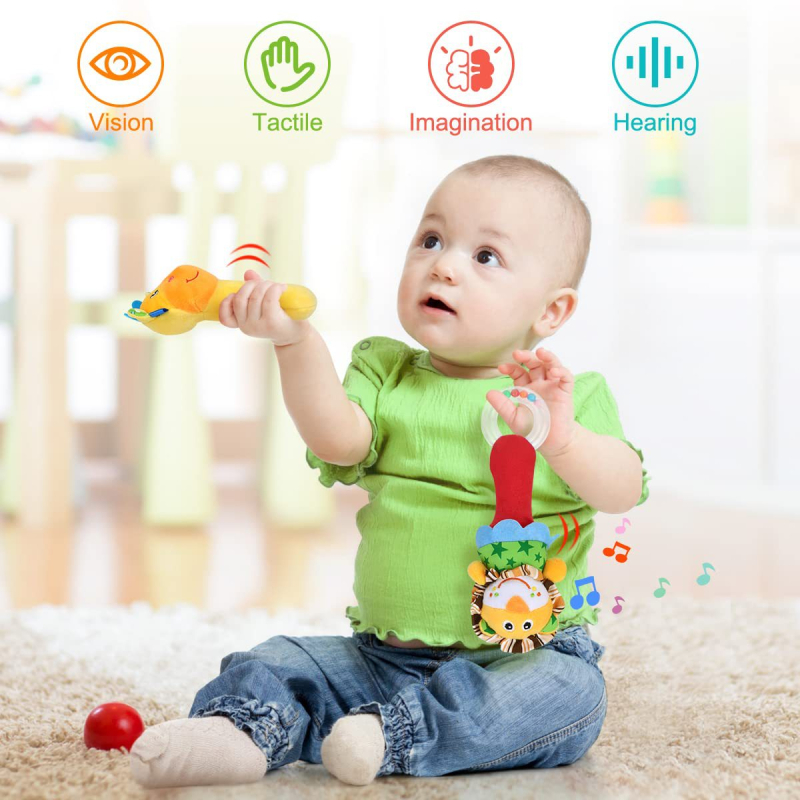 Дрънкалка за бебета с плюшено животинче – успокояваща играчка за хващане с ръка, подходяща за 0–3 години, опаковано в Opp bag