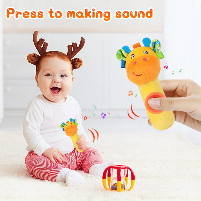 Дрънкалка за бебета с плюшено животинче – успокояваща играчка за хващане с ръка, подходяща за 0–3 години, опаковано в Opp bag